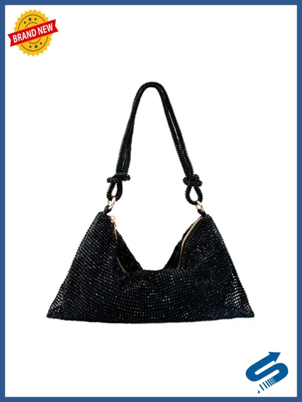 Rhinestone Hobo Evening Bag with Zipper Closure & Adjustable Strap